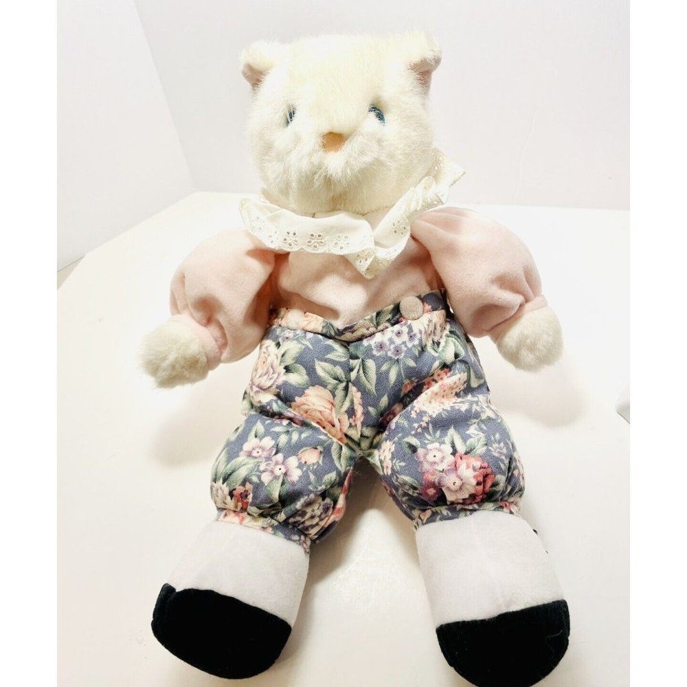 Vtg 1991 13" Dakin White Cat Bear Plush Puff Clothing Pink Floral Collar Spats